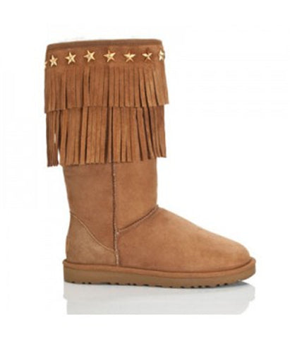 JIMMY CHOO SUEDE SORA FRINGE SHEARLING BOOTS CHESTNUT 3045 VIEW DETAILS