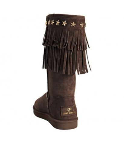 JIMMY CHOO SUEDE SORA FRINGE SHEARLING BOOTS CHOCOLATE 3045